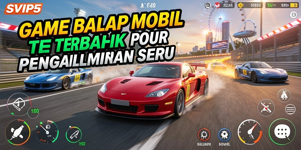 Screenshot utama SVIP5 menunjukkan aksi balap mobil yang mendebarkan.